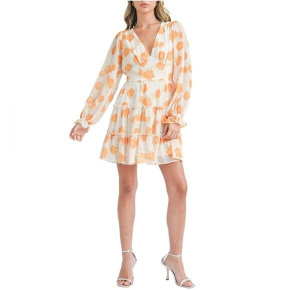 Orange Floral Print Long Sleeve V-Neck Ruffle Mini Dress With Tie Back & Elastic - Picture 1 of 10